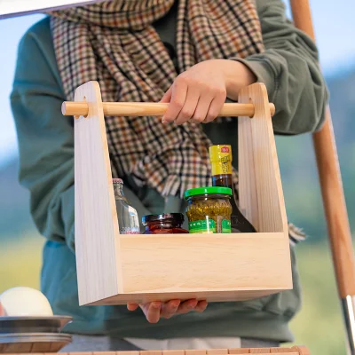 Panier de pique-nique de camping de support de stockage d'assaisonnement de cuisine en bois massif de boîte de nourriture portative extérieure