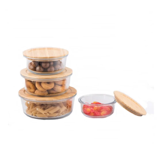 Boîte de conservation des aliments en verre rond/récipient alimentaire/boîte à lunch avec couvercle en bambou