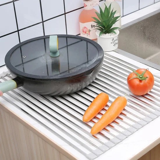 Panier de vidange en plastique en acier inoxydable de cuisine en silicone laminé à chaud plateau pliant support d'évier de séchage